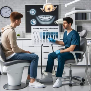 Dentist in Anchorage explaining the average duration of whitened teeth results to a patient in a dental clinic.