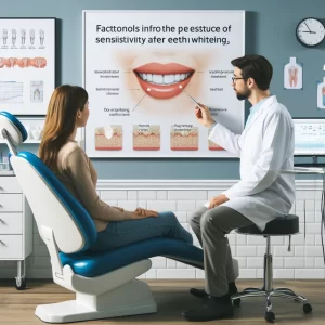 Dentist in Anchorage explaining factors influencing sensitivity persistence after teeth whitening to a patient in a dental clinic.