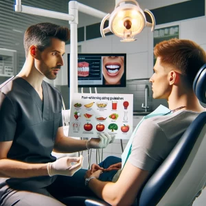 Anchorage Teeth Whitening: Dentist explaining post-whitening eating guidelines with a food diagram and clock to a patient.