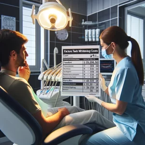 Anchorage Teeth Whitening: Dentist discussing in-office whitening price range with a patient using a treatment options chart.